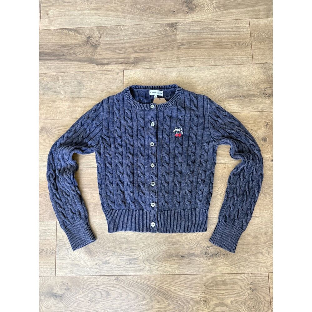 RAISONNEL NWT L Cherry Embroidered Cableknit button cardigan sweater button